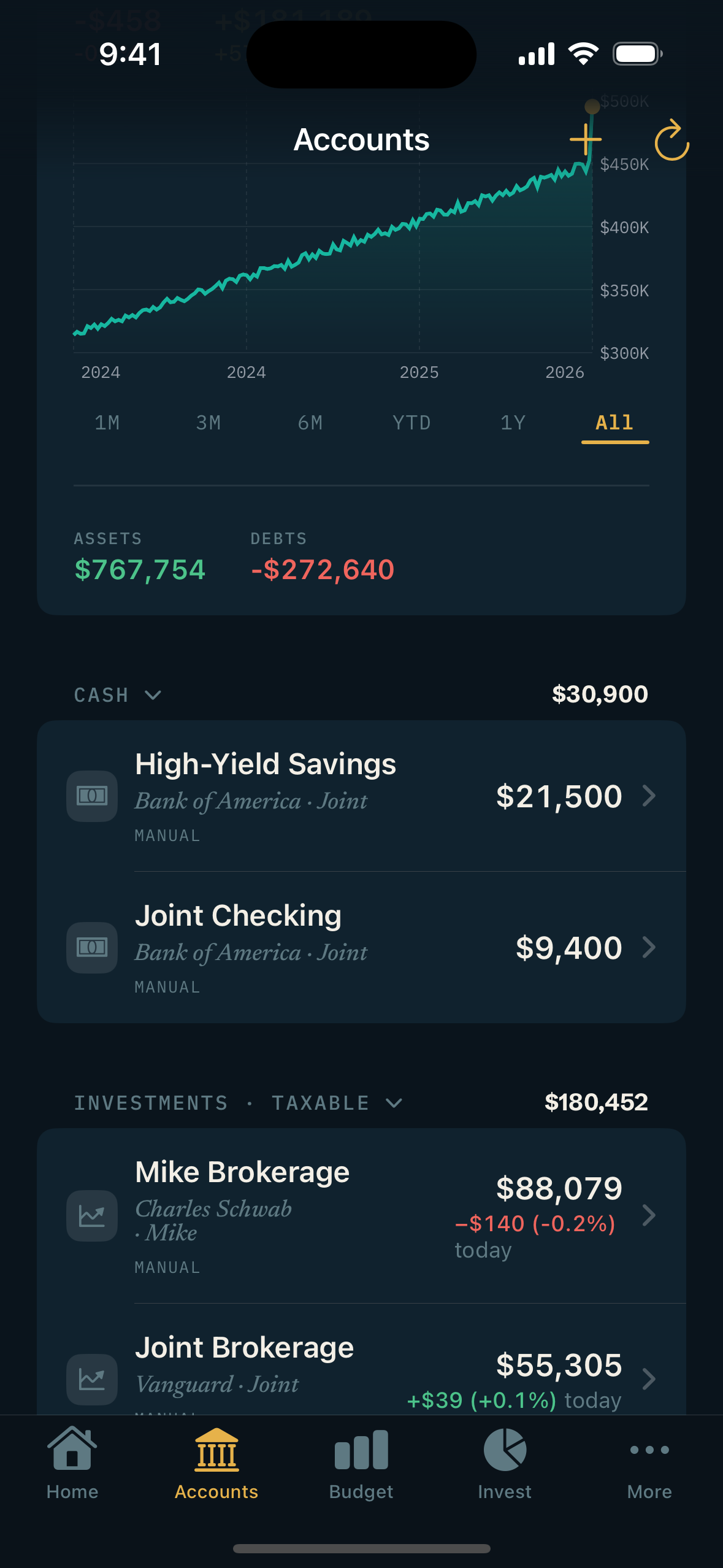 StrideFi Accounts tab: cash, investment and credit accounts grouped with balances.