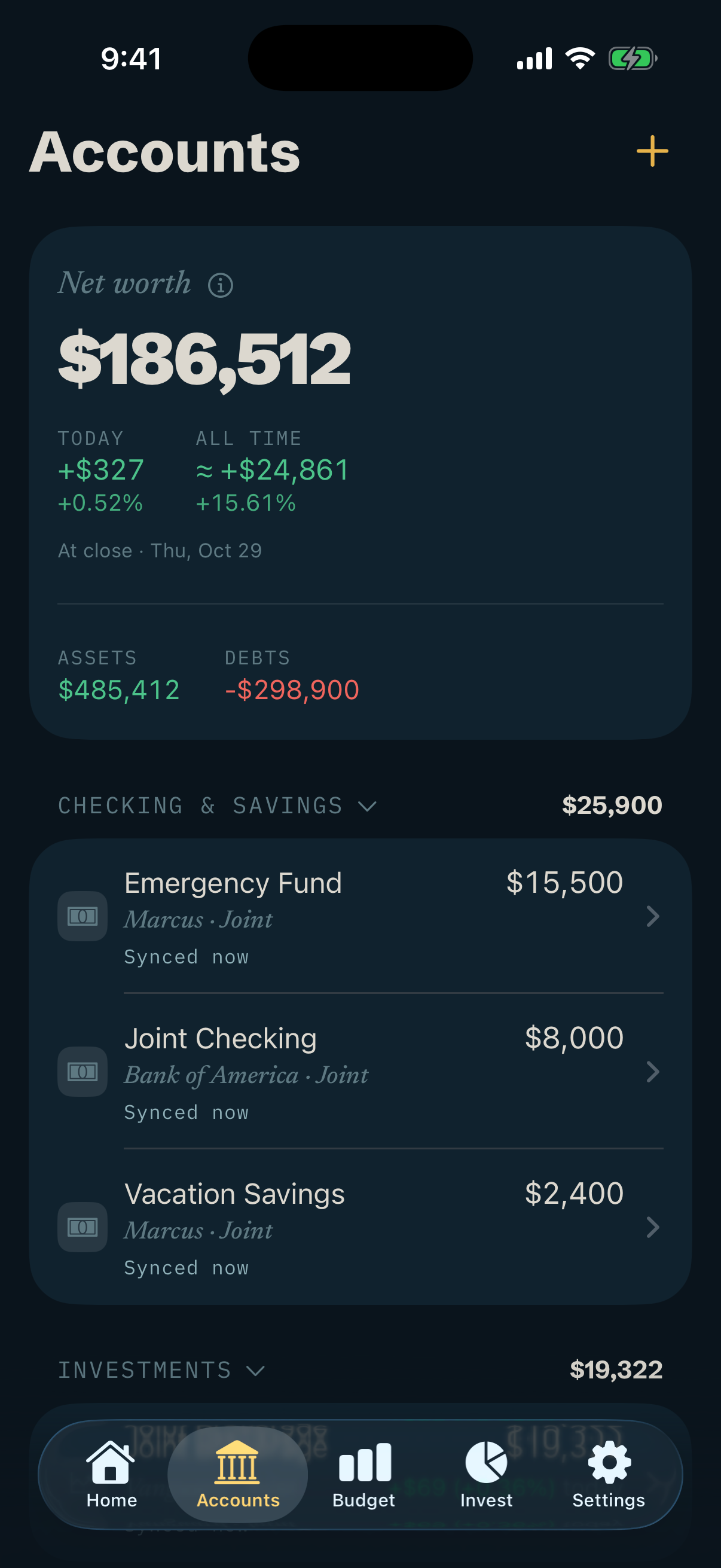 Accounts tab: assets of $485,412 and debts of $298,900, then accounts grouped into checking and savings, investments and retirement, with balances such as Emergency Fund $15,500 and Joint Checking $8,000.