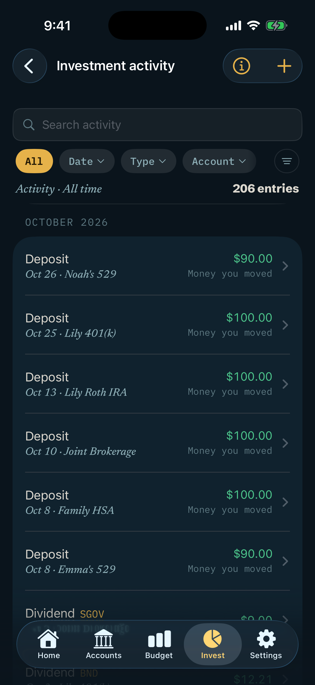 Investment activity: search, filters and 206 entries of deposits and dividends.