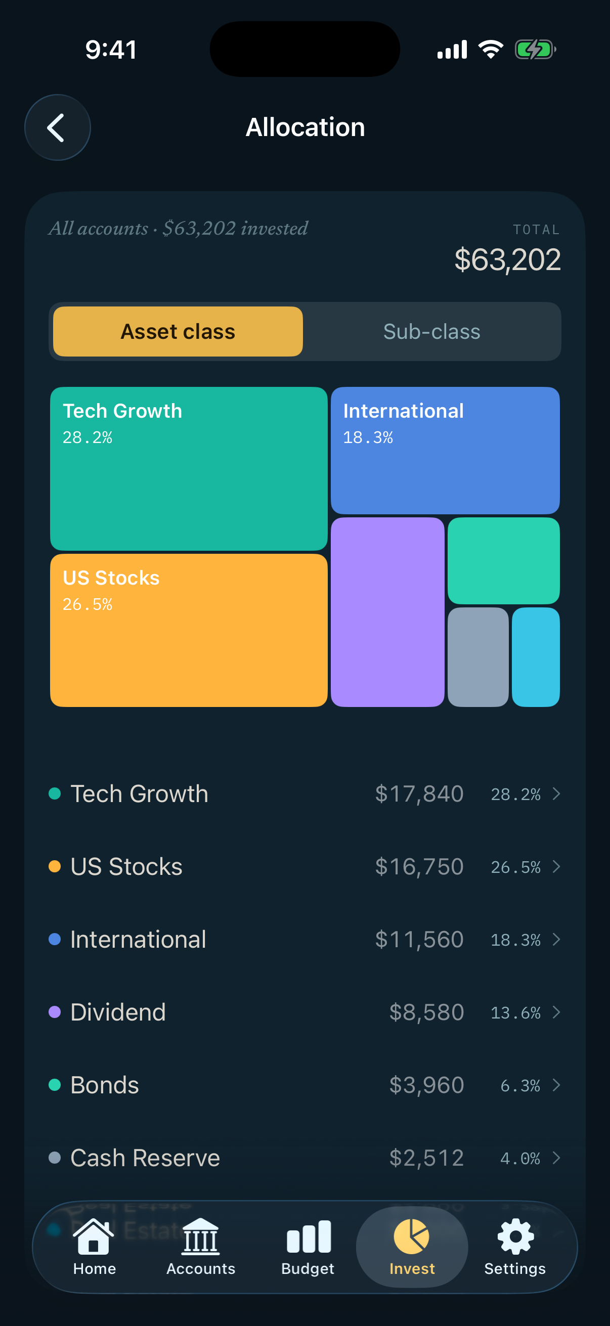 Allocation by asset class shown as squares sized by share: Tech Growth 28.2%, US Stocks 26.5%, International 18.3%, Dividend 13.6%, Bonds 6.3%, Cash Reserve 4.0% and Real Estate 3.2%, with the dollar amount for each.