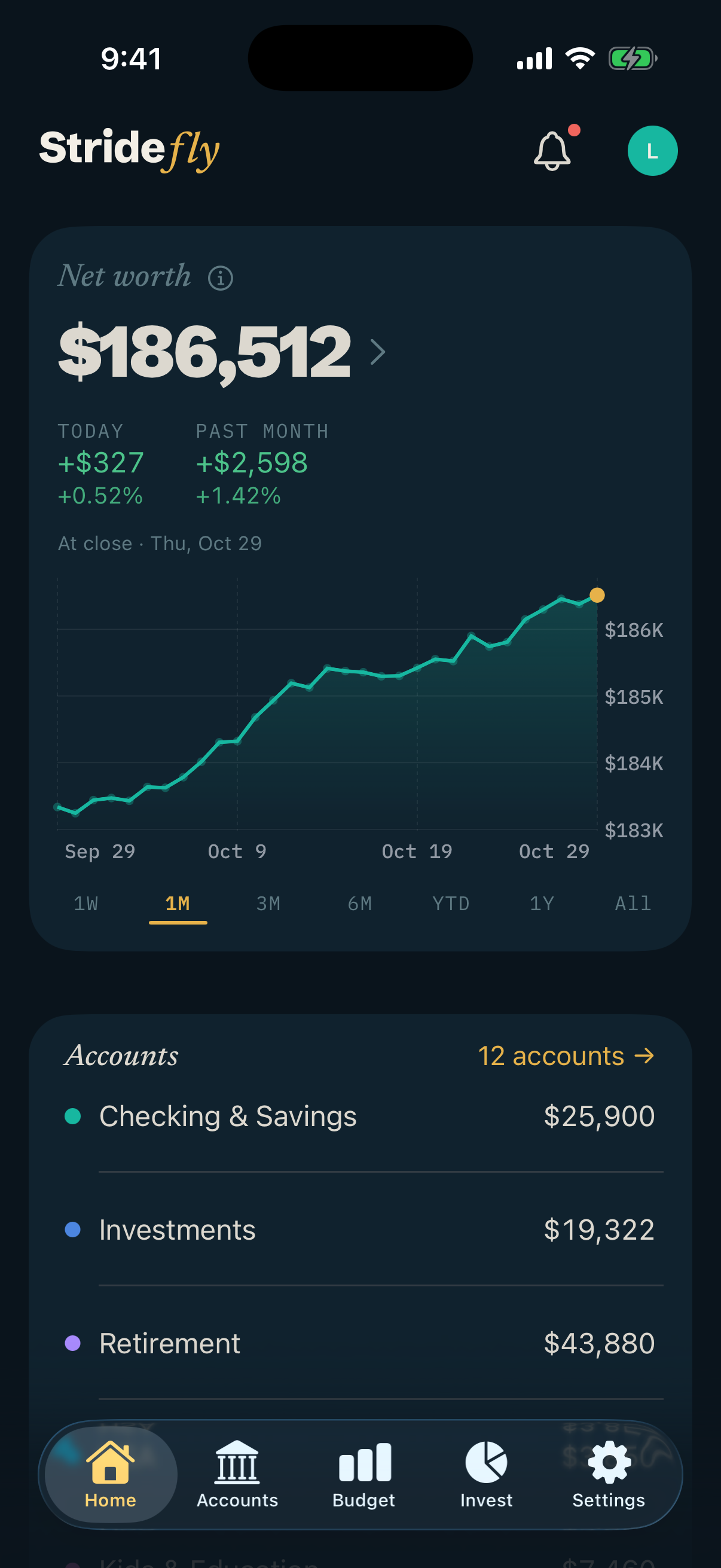 Stridefly Home: net worth of $186,512, up $327 on the day and $2,598 over the past month, with a rising chart and accounts grouped by type.