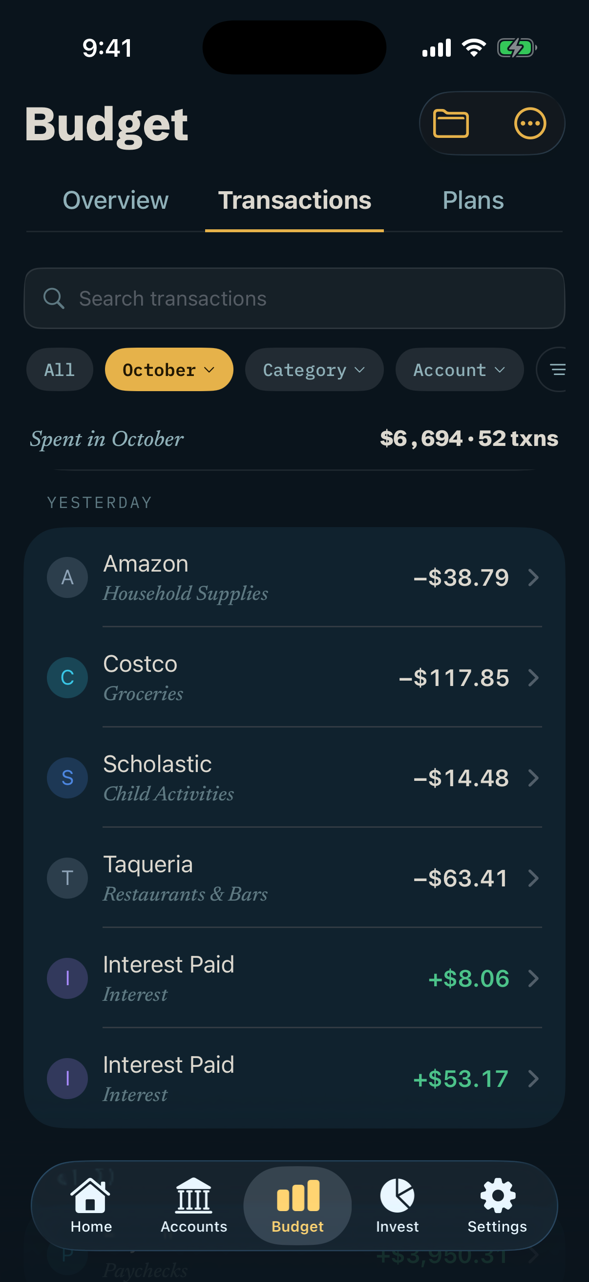 Transactions list for October, $6,694 spent across 52 transactions, with merchants, categories and amounts.