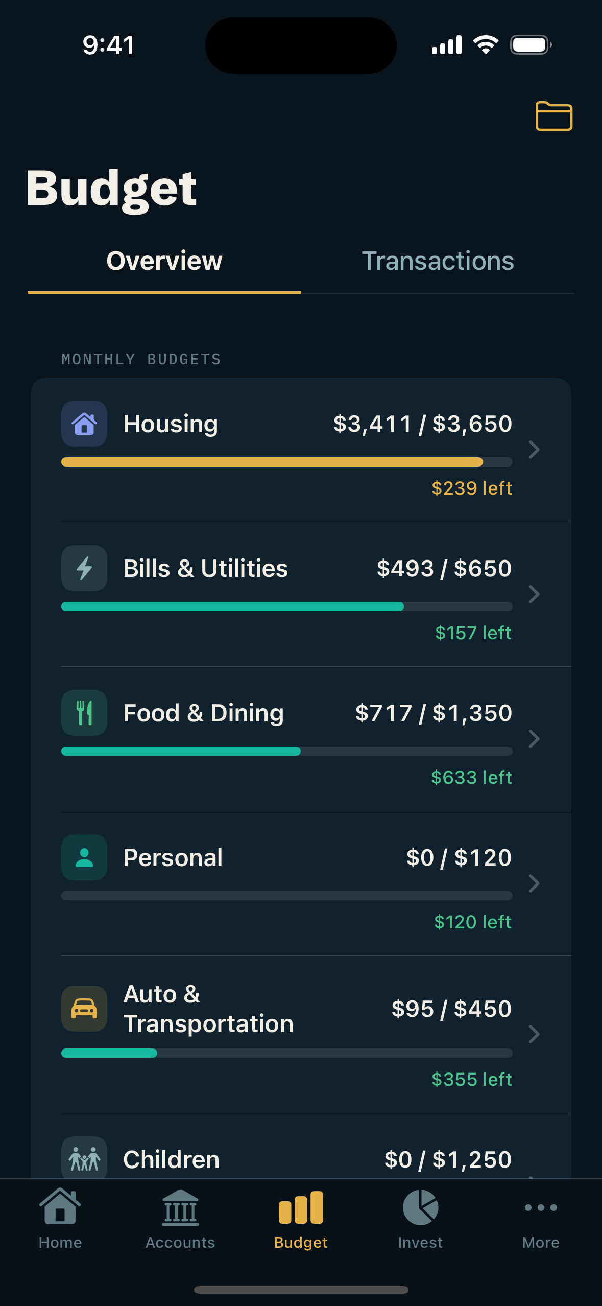 StrideFi expense tracking: spending groups with budget-used meters for the month.