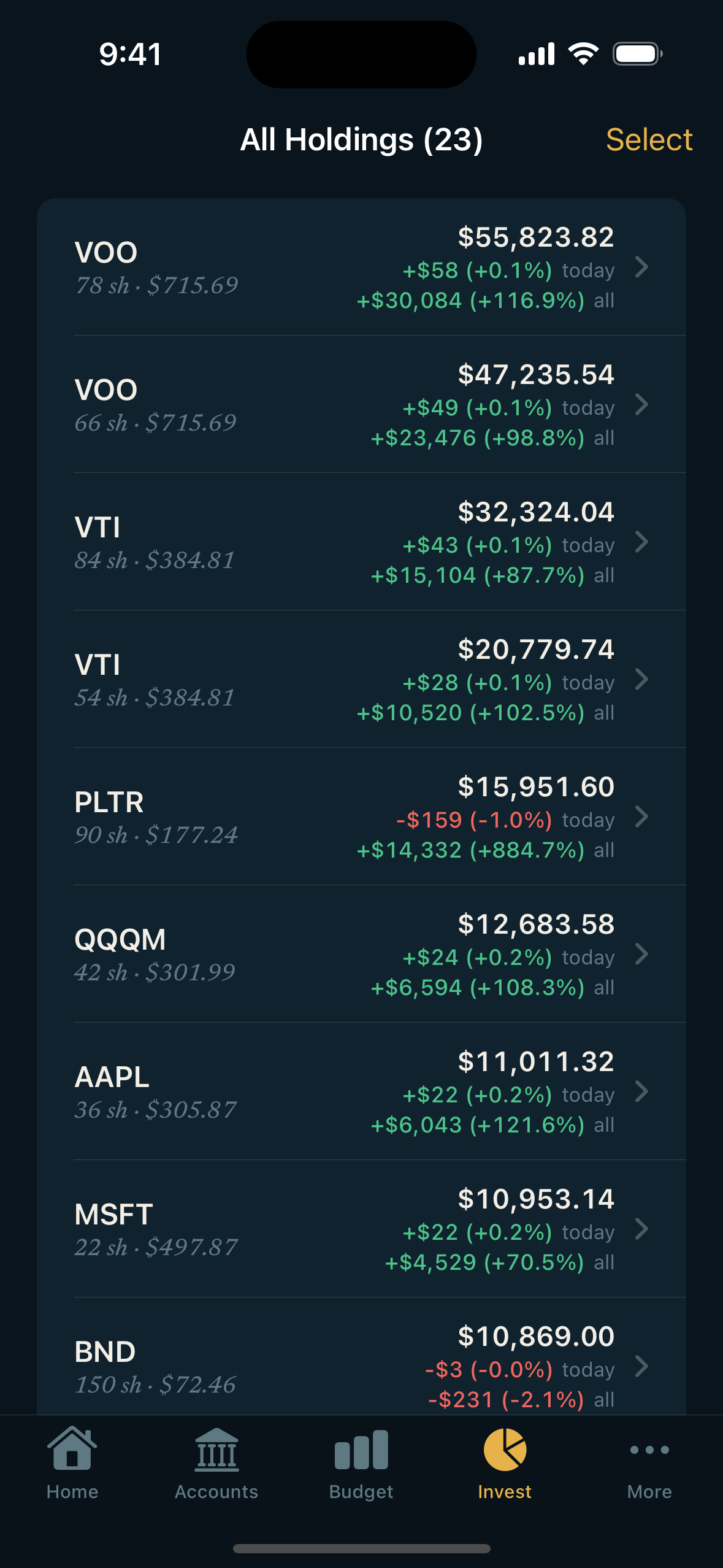 StrideFi portfolio positions across brokerages, with value and change.