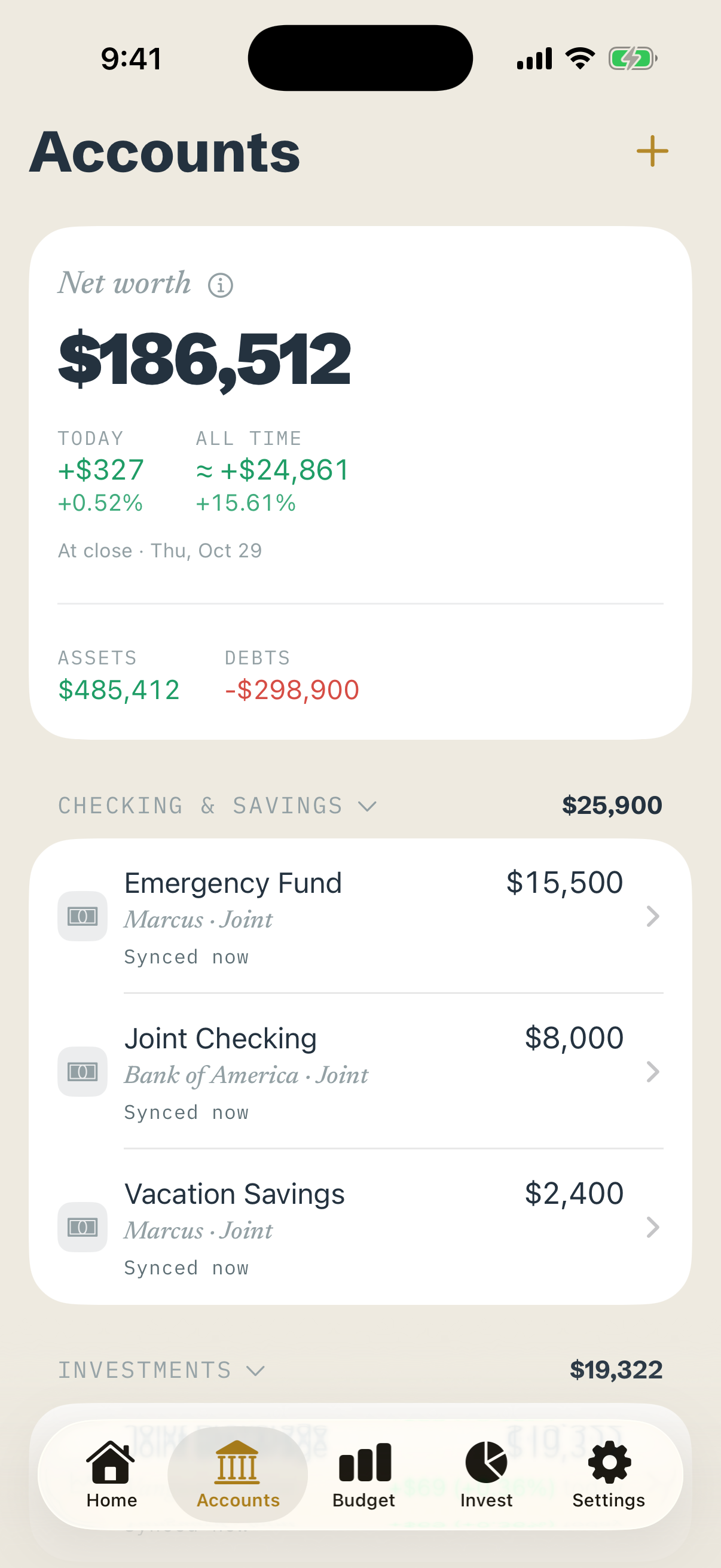 Accounts tab: assets of $485,412 and debts of $298,900, then accounts grouped into checking and savings, investments and retirement, with balances such as Emergency Fund $15,500 and Joint Checking $8,000.