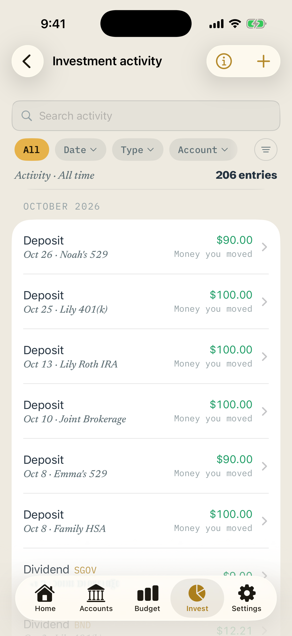 Investment activity: search, filters and 206 entries of deposits and dividends.