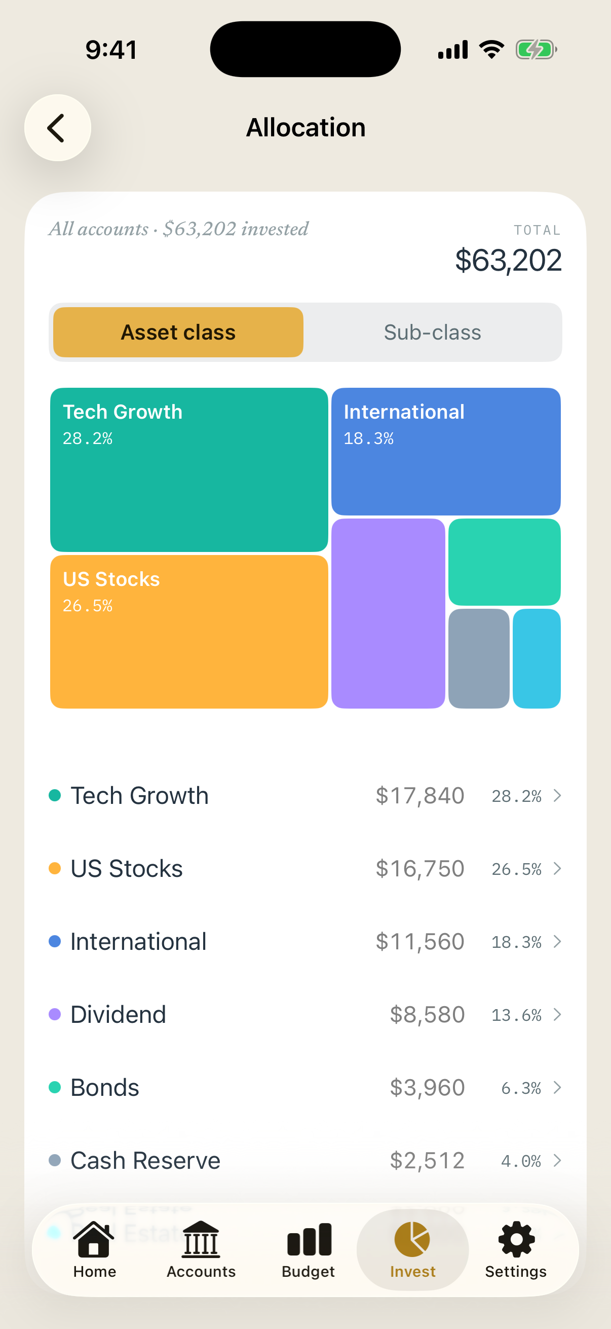 Allocation by asset class shown as squares sized by share: Tech Growth 28.2%, US Stocks 26.5%, International 18.3%, Dividend 13.6%, Bonds 6.3%, Cash Reserve 4.0% and Real Estate 3.2%, with the dollar amount for each.