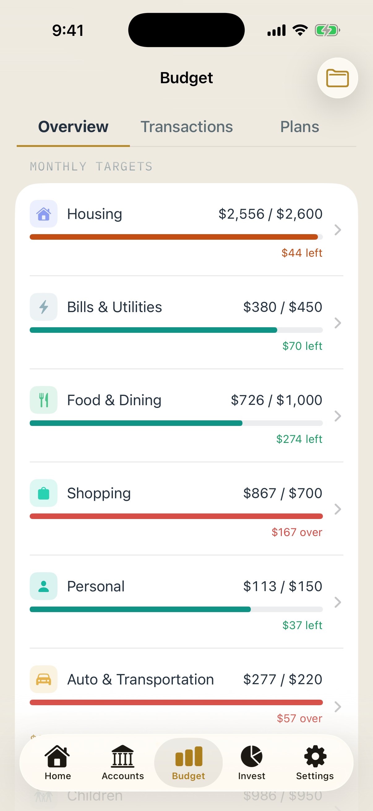 Monthly targets by group: housing $2,556 of $2,600, bills $380 of $450, food $726 of $1,000, shopping $867 of $700 ($167 over).