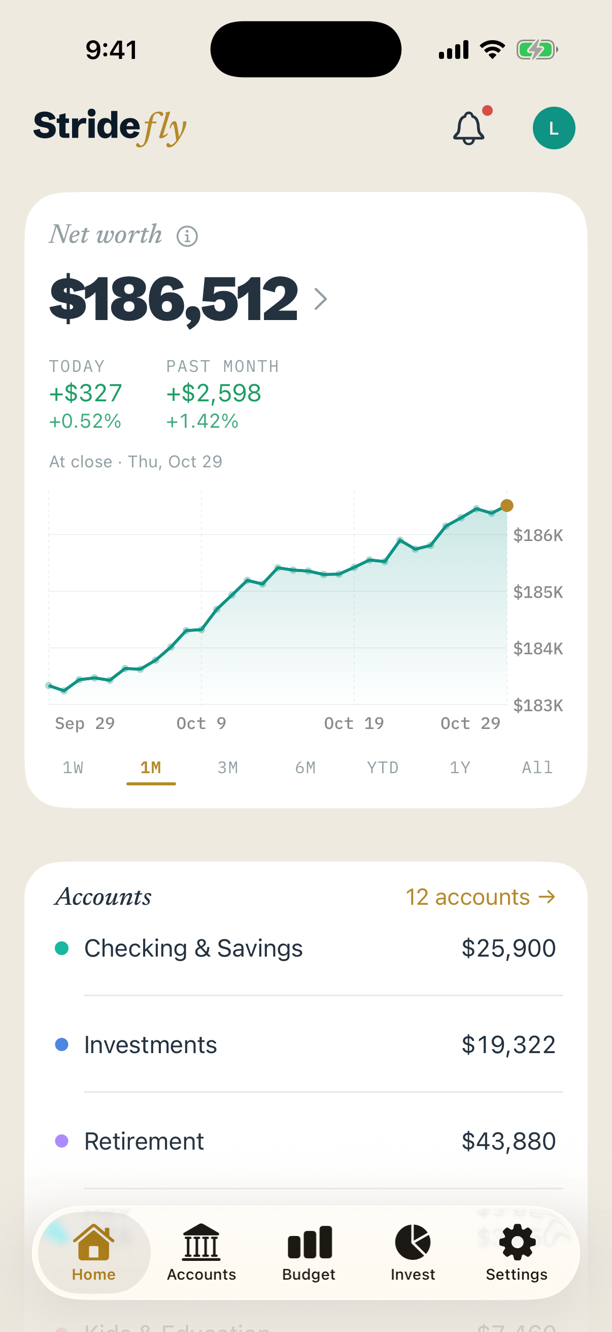 Stridefly Home: net worth of $186,512, up $327 on the day and $2,598 over the past month, with a rising chart and accounts grouped by type.