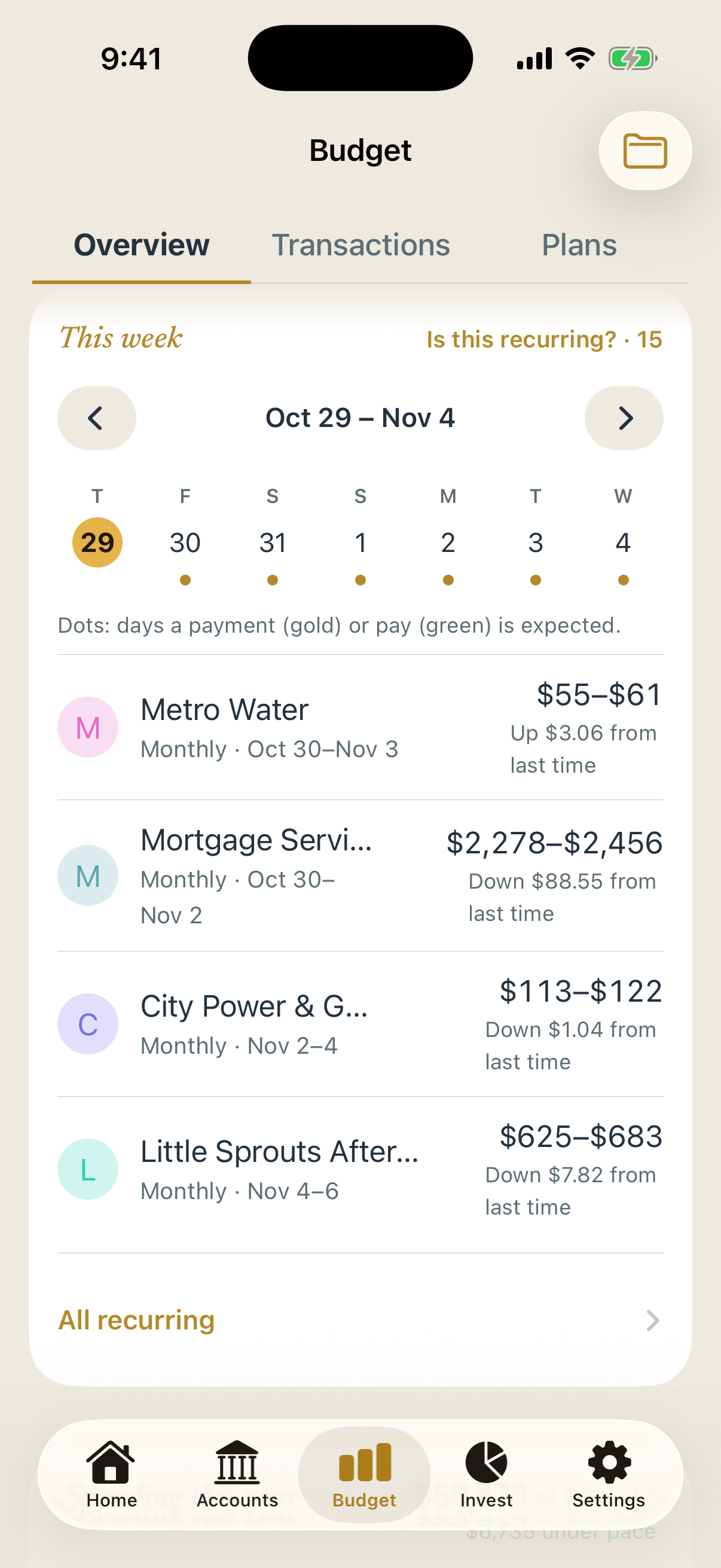 This week card on the Budget tab: a week of days with dots on the days payments are expected, then three monthly bills with the range each is expected to cost.