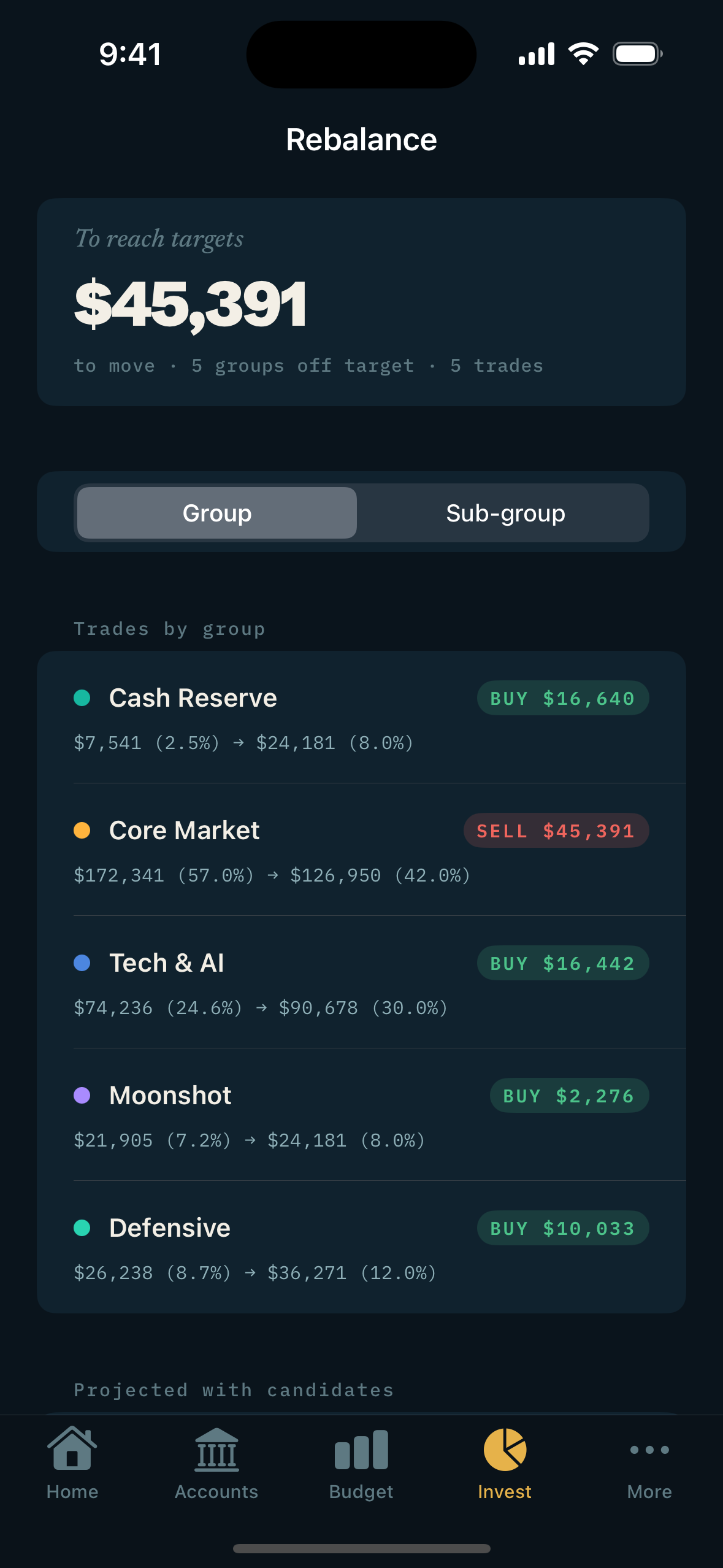 StrideFi Rebalance: allocation targets versus actual with drift highlighted.