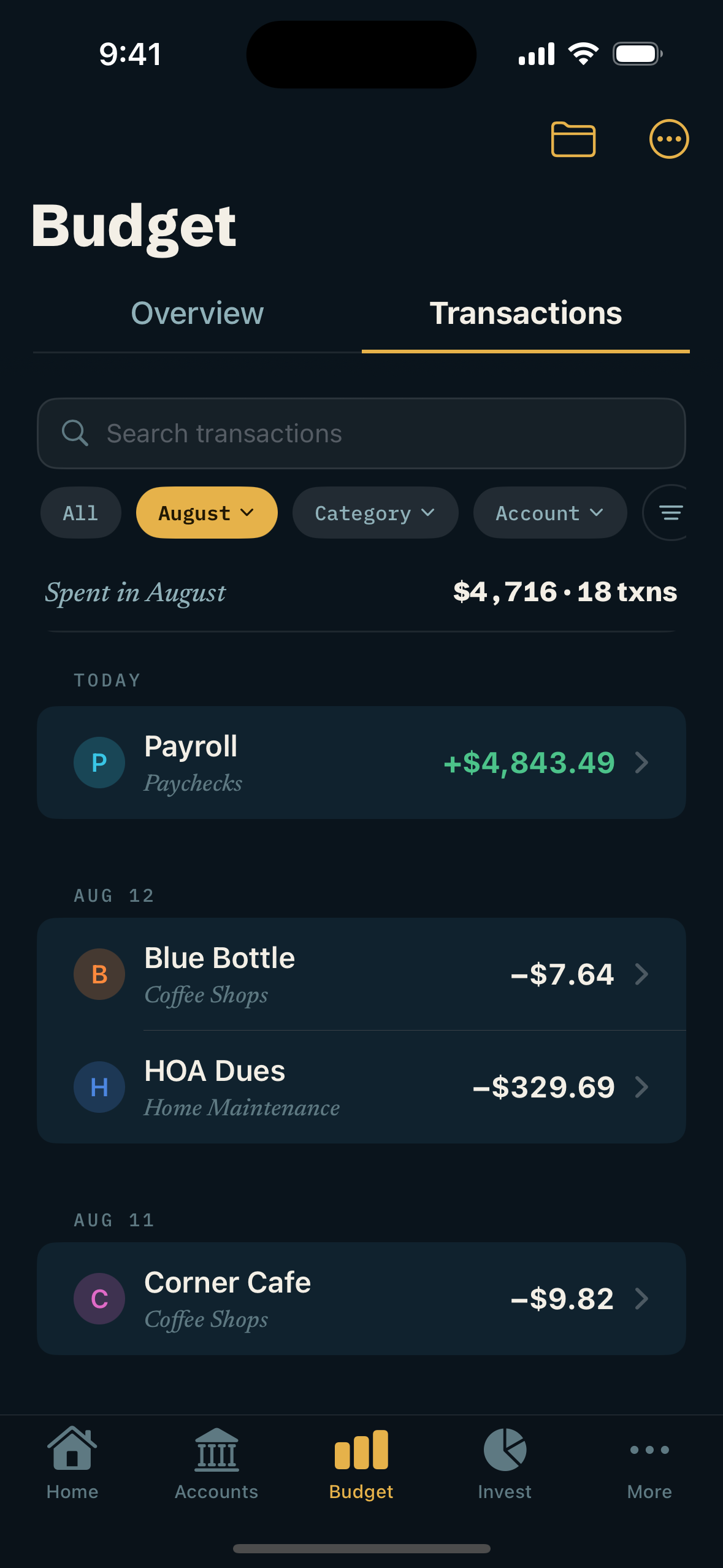 StrideFi transactions list: recent purchases and income, auto-categorized.